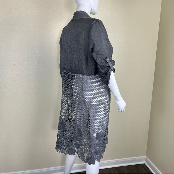Italy Linen Women Size OS Gray Roll Sleeves Embroidered Cardigan NEW Long Line - Picture 10 of 15